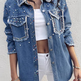 Lang frakke i kontrasterende denim med perler