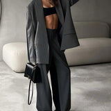 Todelt gråt patchwork blazer- og buksesæt til kontoret