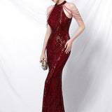 Paillettebesat havfrue-maxikjole med åben ryg