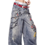 Vide, løstsiddende jeans med 3D-kædeprint i streetwear-stil
