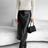 Vintage højtaljet lædernederdel med slids