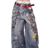 Vide, løstsiddende jeans med 3D-kædeprint i streetwear-stil