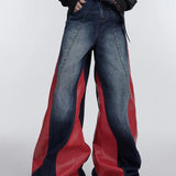 Jeans med vide ben i patchwork af PU-læder