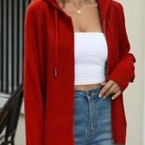 Ensfarvet cardiganvest med hætte, lynlåslukning og snøre