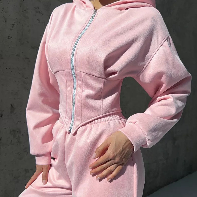 Todelt buksedragt med hætte og snøre