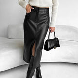 Vintage højtaljet lædernederdel med slids