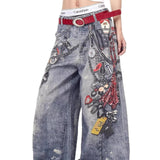 Vide, løstsiddende jeans med 3D-kædeprint i streetwear-stil