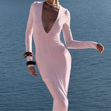 Elegant og sexet bodycon maxikjole med dyb halsudskæring og lange ærmer