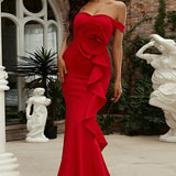 Ærmeløs maxikjole med off-shoulder-design og 3D-blomsterprint