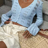 Langærmet vest i åbent strik med V-hals