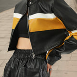 Farveblok PU kort jakke