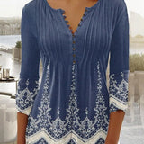 Dametop – Blomsterprint – Løstsiddende – 3/4-ærmer – V-hals med knap – Let stof