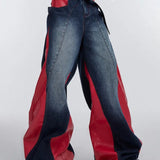 Jeans med vide ben i patchwork af PU-læder