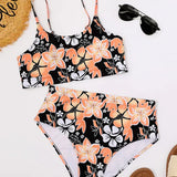 Damebikini – Højtaljet – Tanktopmodel – Blomsterprint – Åndbart stof