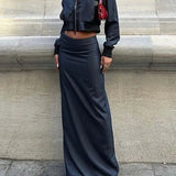 Todelt blåt sæt med lynlås, lav talje, ideelt til kontoret