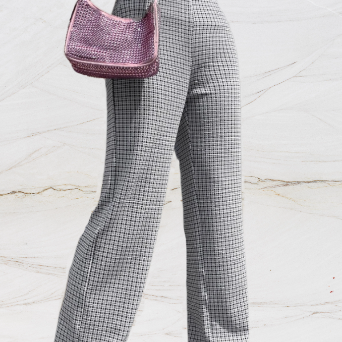 Højtaljede damebukser - Lige, løs pasform - Elegant houndstoothmønster