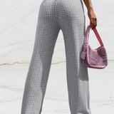 Højtaljede damebukser - Lige, løs pasform - Elegant houndstoothmønster