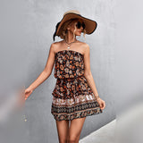 Kort damekjole – stropløs – blomsterprint – løs pasform og tætsiddende talje