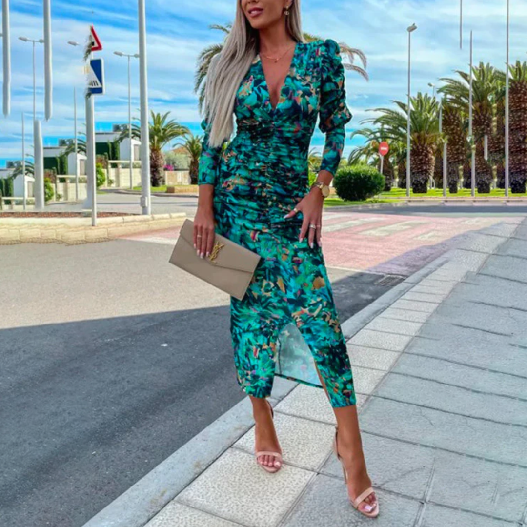 Damekjole - Tætsiddende snit - V-hals - Lange ærmer - Samlet talje og hofter - Moderne print