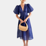 Damekjole - A-linjeformet snit - Midi-længde - Pufærmer - Dyb V-hals