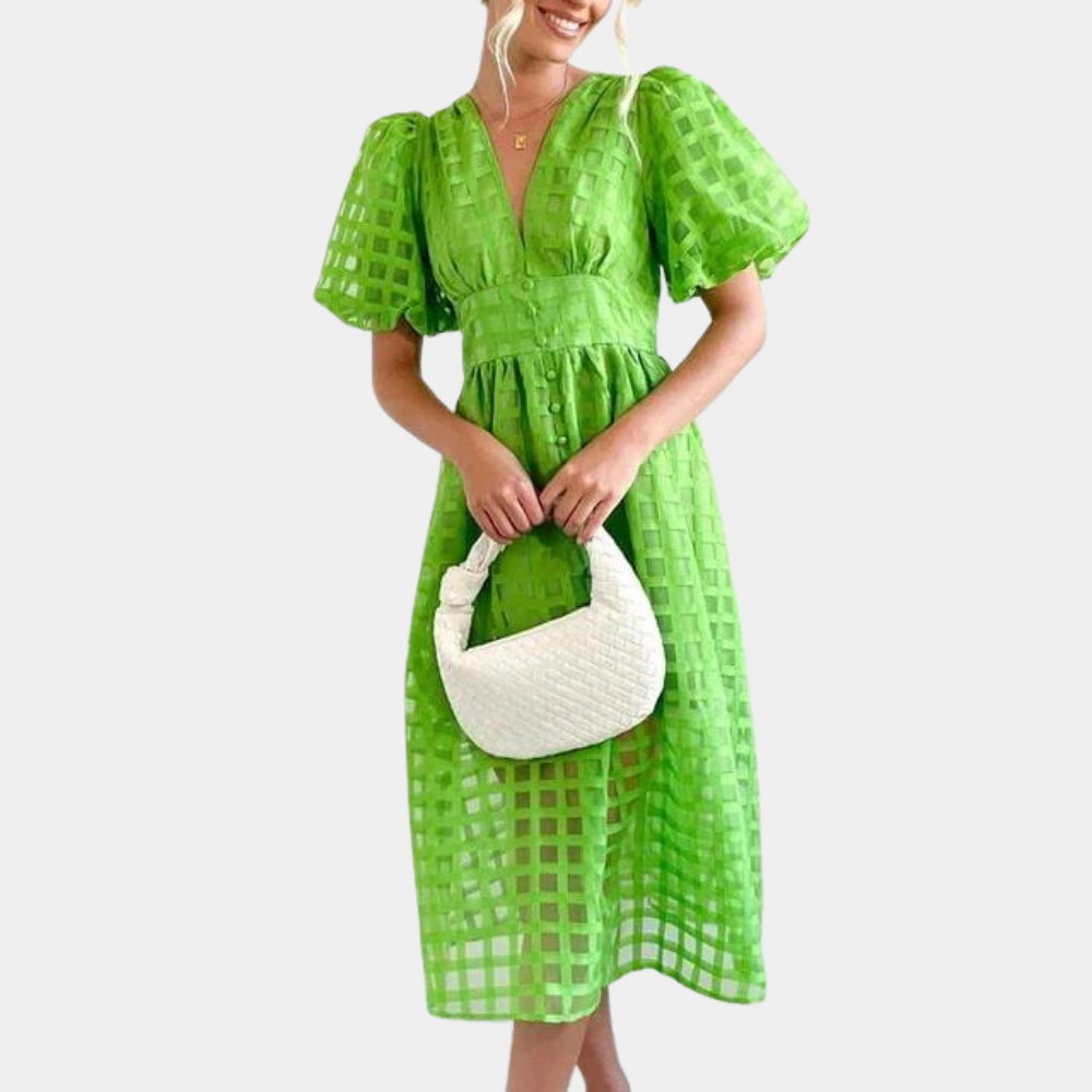 Damekjole - A-linjeformet snit - Midi-længde - Pufærmer - Dyb V-hals