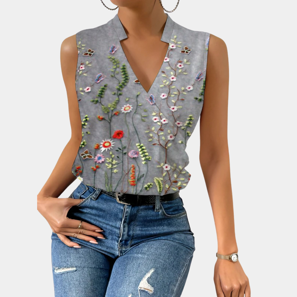 Ærmeløs damebluse - V-hals, slå-om-stil - Let stof - Elegant blomsterprint