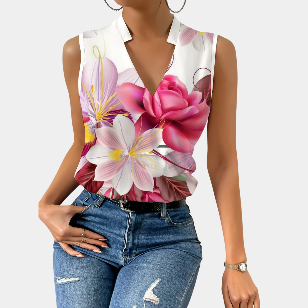 Ærmeløs damebluse - V-hals, slå-om-stil - Let stof - Elegant blomsterprint