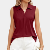 Ærmeløs damebluse - Klassisk V-hals - Elegant plisseret detalje - Flagrende stof