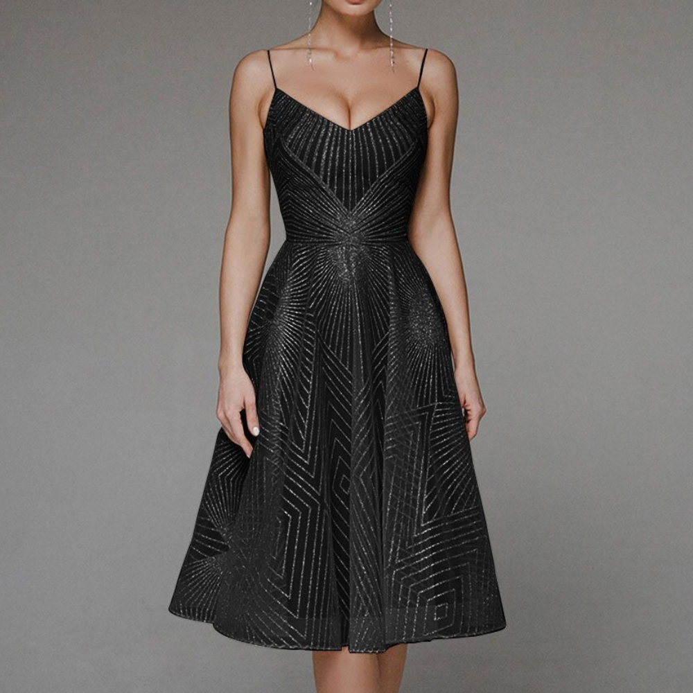 Damecocktailkjole – Sweetheart-udskæring – Tynde stropper – Svaj snit – Geometrisk mønster