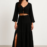 Damesæt i to dele – Bomuld og hør – Kort vest med bindebånd – Lang nederdel med slids