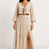 Damesæt i to dele – Bomuld og hør – Kort vest med bindebånd – Lang nederdel med slids