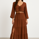 Damesæt i to dele – Bomuld og hør – Kort vest med bindebånd – Lang nederdel med slids