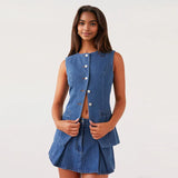 Ærmeløs denimjakkesæt med knapper foran i to dele til kontoret