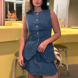 Ærmeløs denimjakkesæt med knapper foran i to dele til kontoret