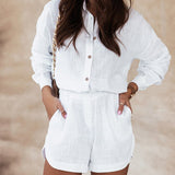 Damesæt – Langærmet skjorte og højtaljede shorts – Afslappet blomsterprint