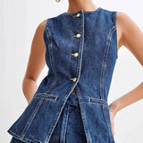 Todelt denimsæt, ærmeløse shorts med rund hals, kontorstil