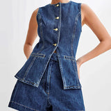 Todelt denimsæt, ærmeløse shorts med rund hals, kontorstil