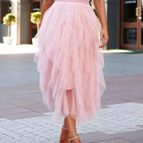 Midi-nederdel til kvinder – Høj talje – Let tyl – Lagdelte flæser – Flagrende snit