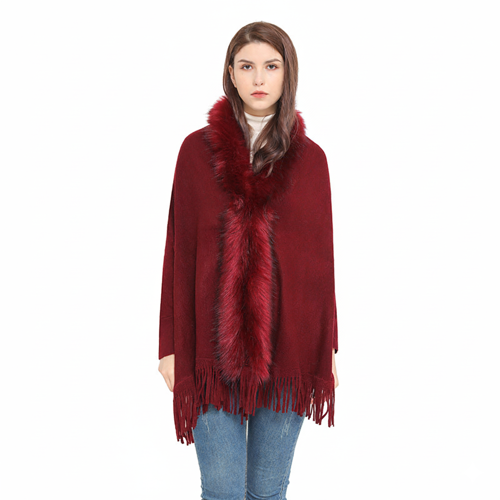 Dameponcho med kunstpelskant – Løs pasform – Frynset kant