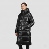 Lang damefrakke – Quiltet dun – Hætte – Vandafvisende blank finish