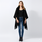 Dameponcho med kunstpelskant – Løs pasform – Frynset kant