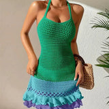 Hæklet strandkjole – flæset, trefarvet, rygløs til kvinder