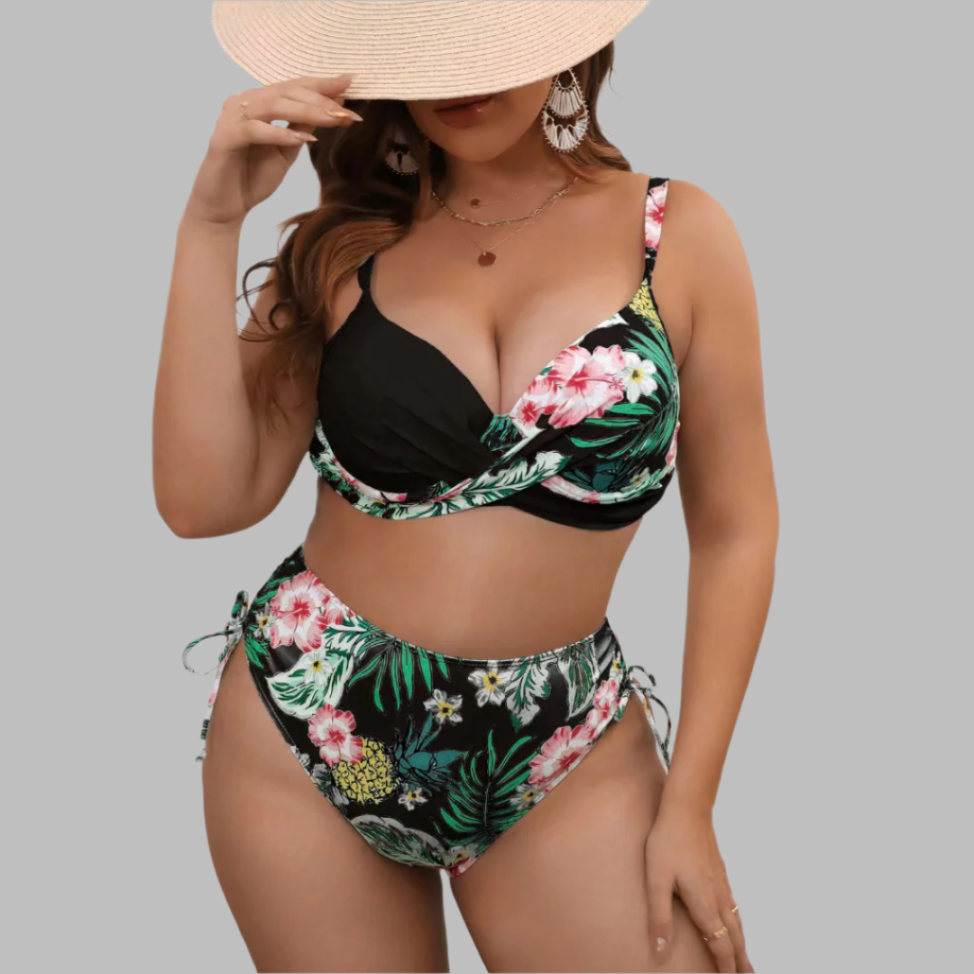 Damebikini – Højtaljet – Twist-top – Justerbare stropper – Sidebånd