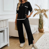 Dame loungesæt – Blød strik – Afslappet pasform – Bukser med vide ben – Kontrastfarvede kanter