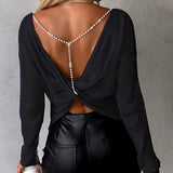 Dametop med lange ærmer - Åben strik - Afslappet pasform - Åben ryg med perler