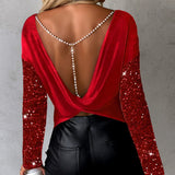 Dametop med lange ærmer - Åben strik - Afslappet pasform - Åben ryg med perler