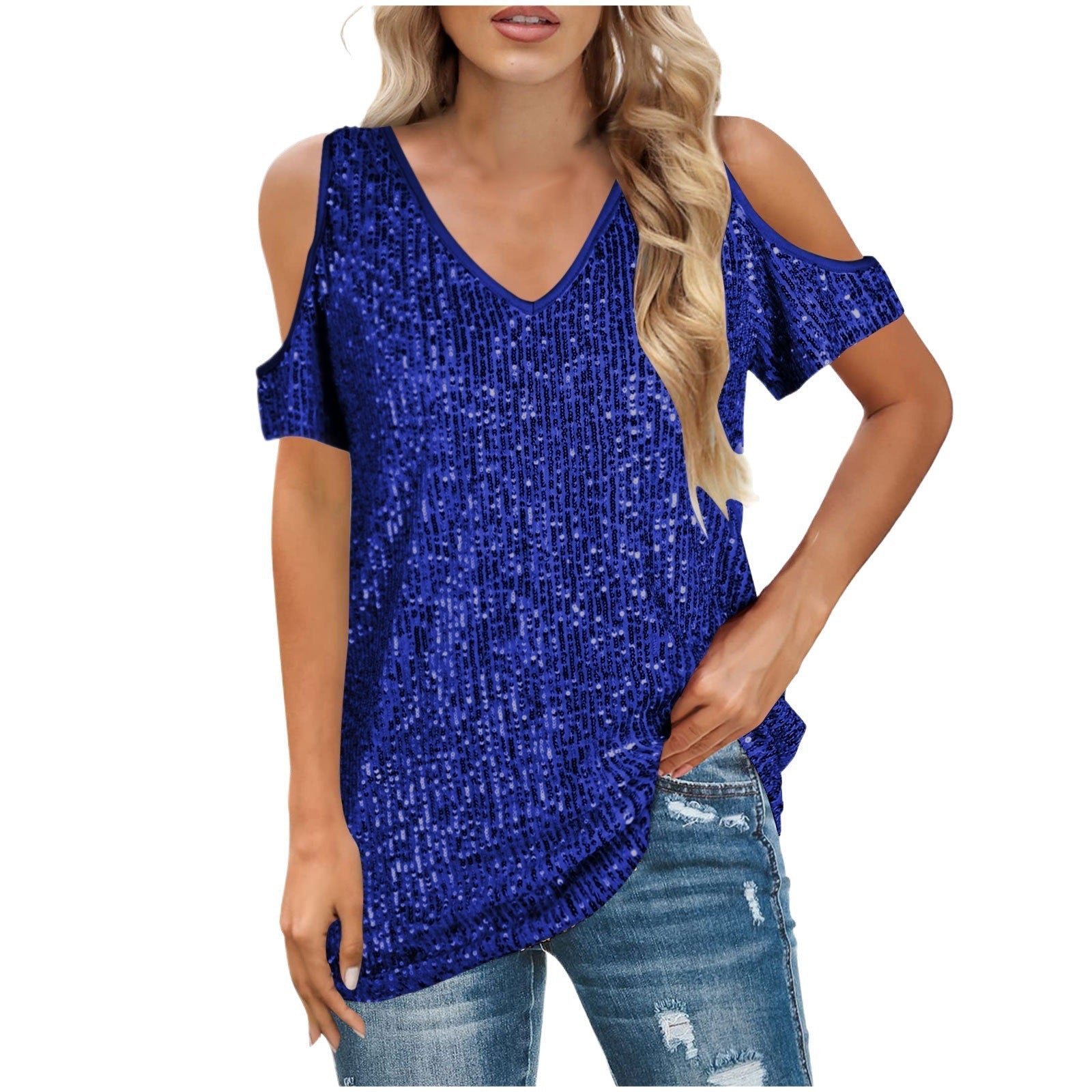 Dametop – Off-shoulder – V-hals – Afslappet pasform – Pailletteret front