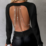 Dametop med lange ærmer - Åben strik - Afslappet pasform - Åben ryg med perler