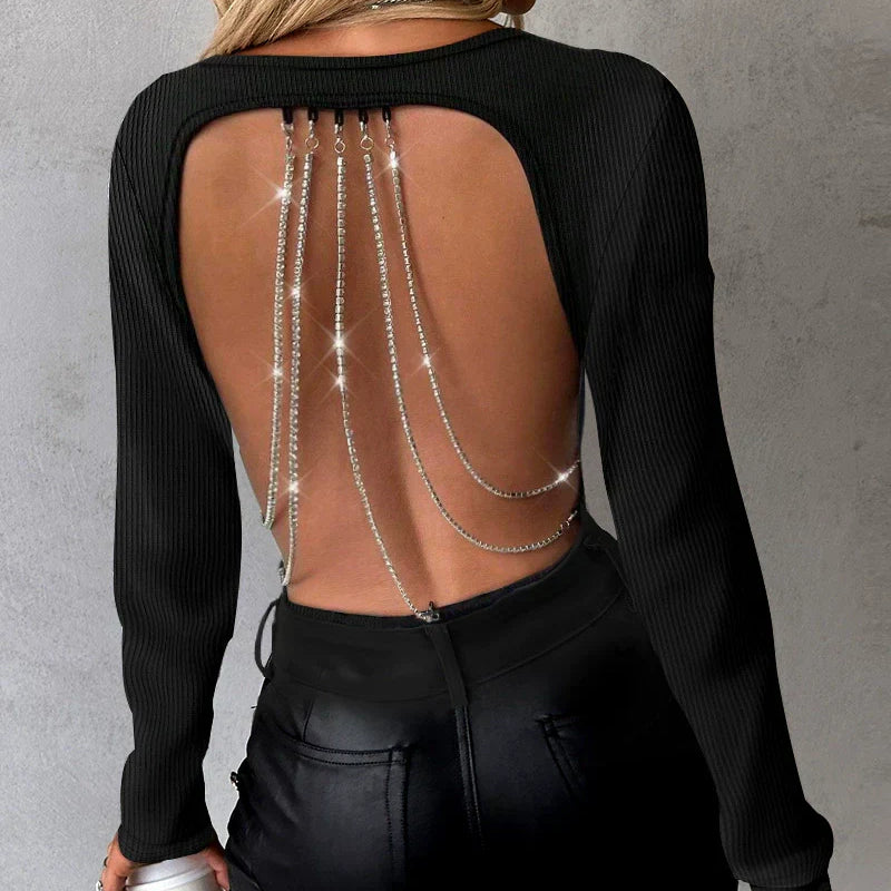 Dametop med lange ærmer - Åben strik - Afslappet pasform - Åben ryg med perler
