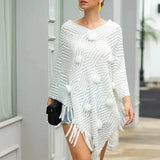 Damesjalsweater – Løs pasform – Tekstureret strik – Dekorative kvaster og frynser